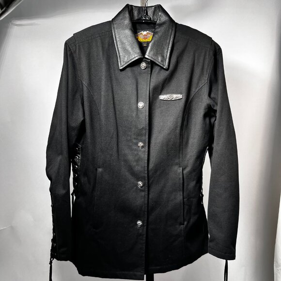 HARLEY DAVIDSON VTG Black Cotton Corseted Button-Up Motorcycle Jacket Women's M - Picture 1 of 7